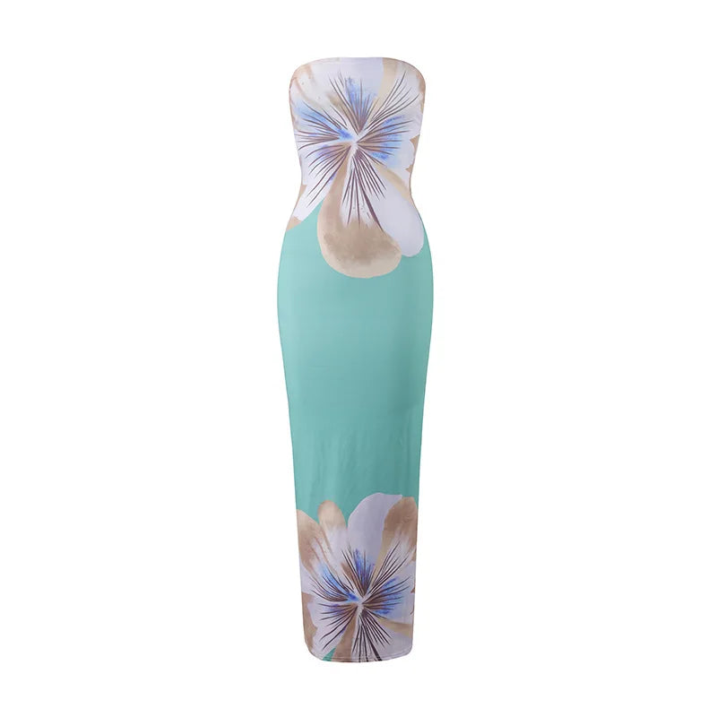 Women's Fashion Sexy Flower Print Strapless Long Dress Summer Vacation Elastic High Waist Slim Fit Party Evening Dress 2025