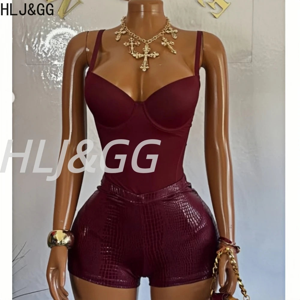 HLJ&GG Sexy Bodycon Spaghetti Strap Bodysuits Two Piece Sets Women V Neck Sleeveless Backless Top + Leather Snake Shorts Outfits