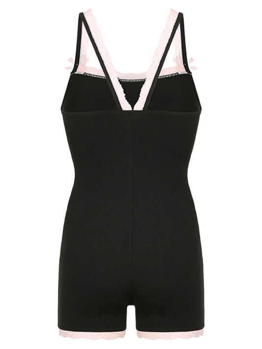 Contrast Lace Patchwork Square Collar Skinny Sexy Straps Rompers Playsuits Sweet Cute Y2K Clothing