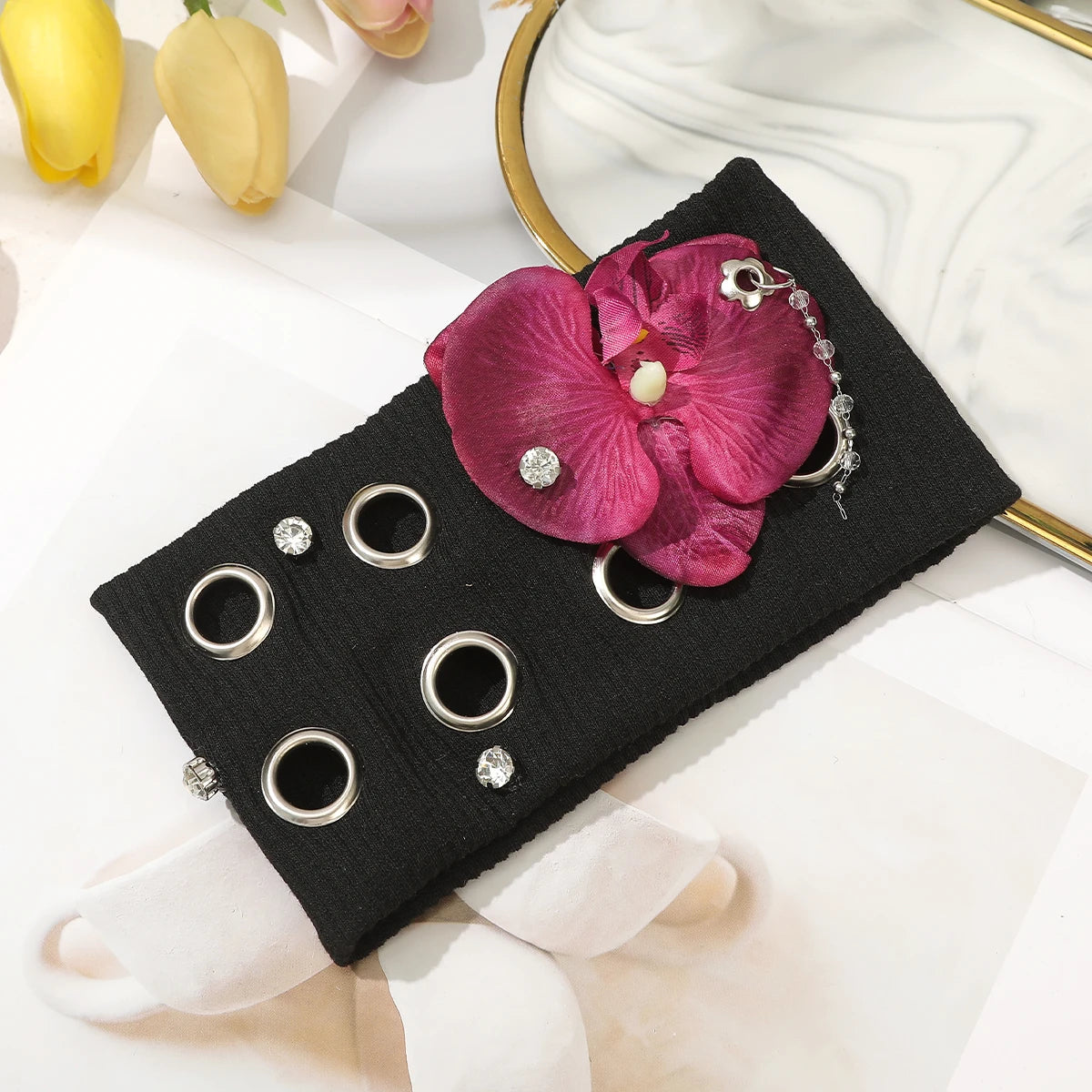 AWAYTR Punk Girl Fabric Hollow Elastic Headbands Metal Rock Personalized Hollow Eyelets Hair Band Casual Sports Grommet Headband