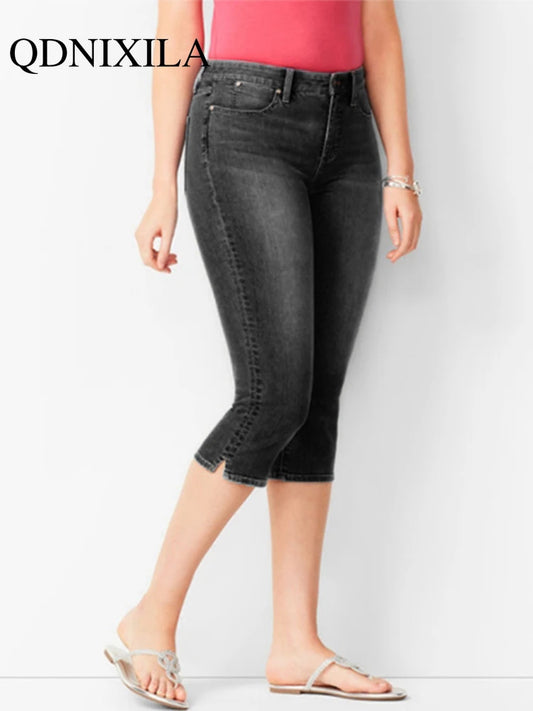 Ladies Jeans Pants Ladies Cropped Trousers Skinny  Knee Length Jeans female Elastic High Waist Mom Jeans Oversize