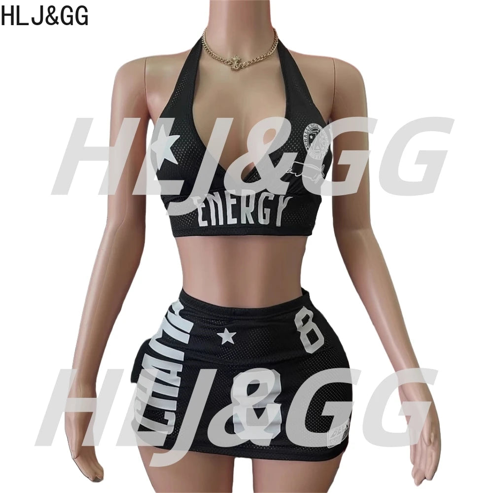 HLJ&GG Y2K Fashion Letter Print Mesh Hollow Two Peice Sets Women Deep V Halter Sleeveless Backless Crop Top+Mini Skirts Outfits