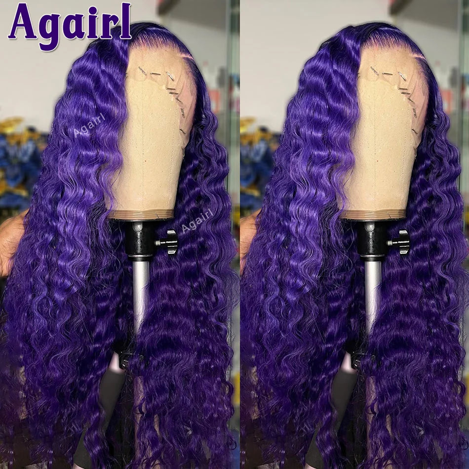 12A Dark Purple 200% Loose Deep Wave 13x6 Lace Frontal Human Hair Wigs Peruvian 5x5 Lace Closure Wigs Pre Plucked With Baby Hair