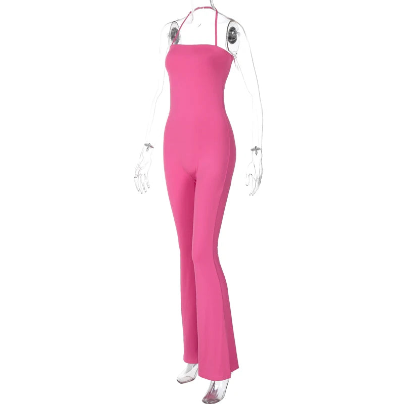 Hugcitar 2025 Spring Halter Solid Sleeveless Backless Sexy Bodycon Flare Pants Jumpsuit Women Casual Rompers Streetwear Festival