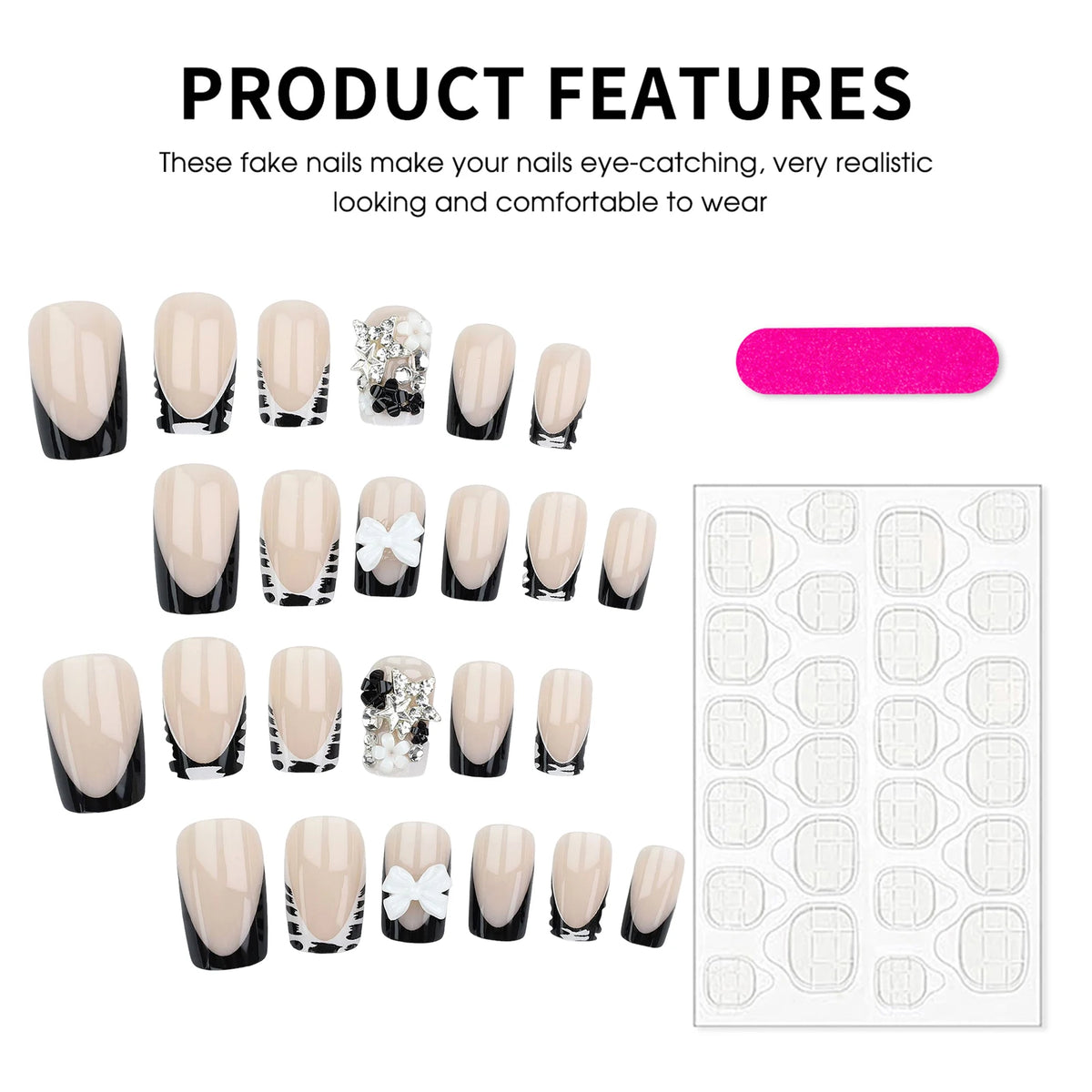 24pcs White 3D Bowkknots Press On Nails Black Leopard Print French Style False Nails Metal Rhinestone Stars Decor Y2k Fake Nail