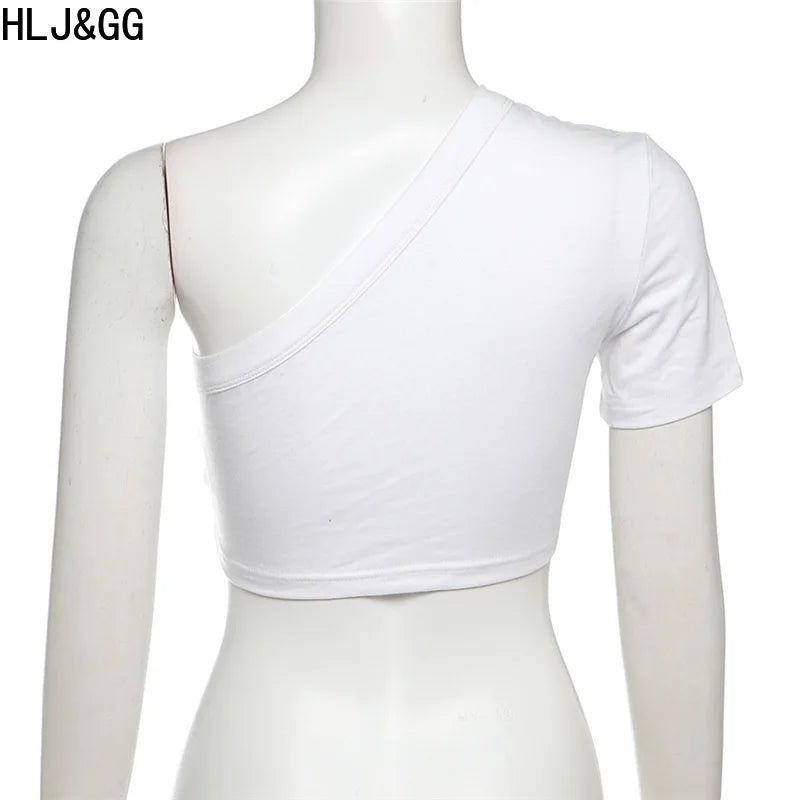 HLJ&GG Blue Retro Fashion jeans Two Piece Sets Women One Shoulder Short Sleeve Crop Top+Jeans Shorts Outfits Fashion Streetwear