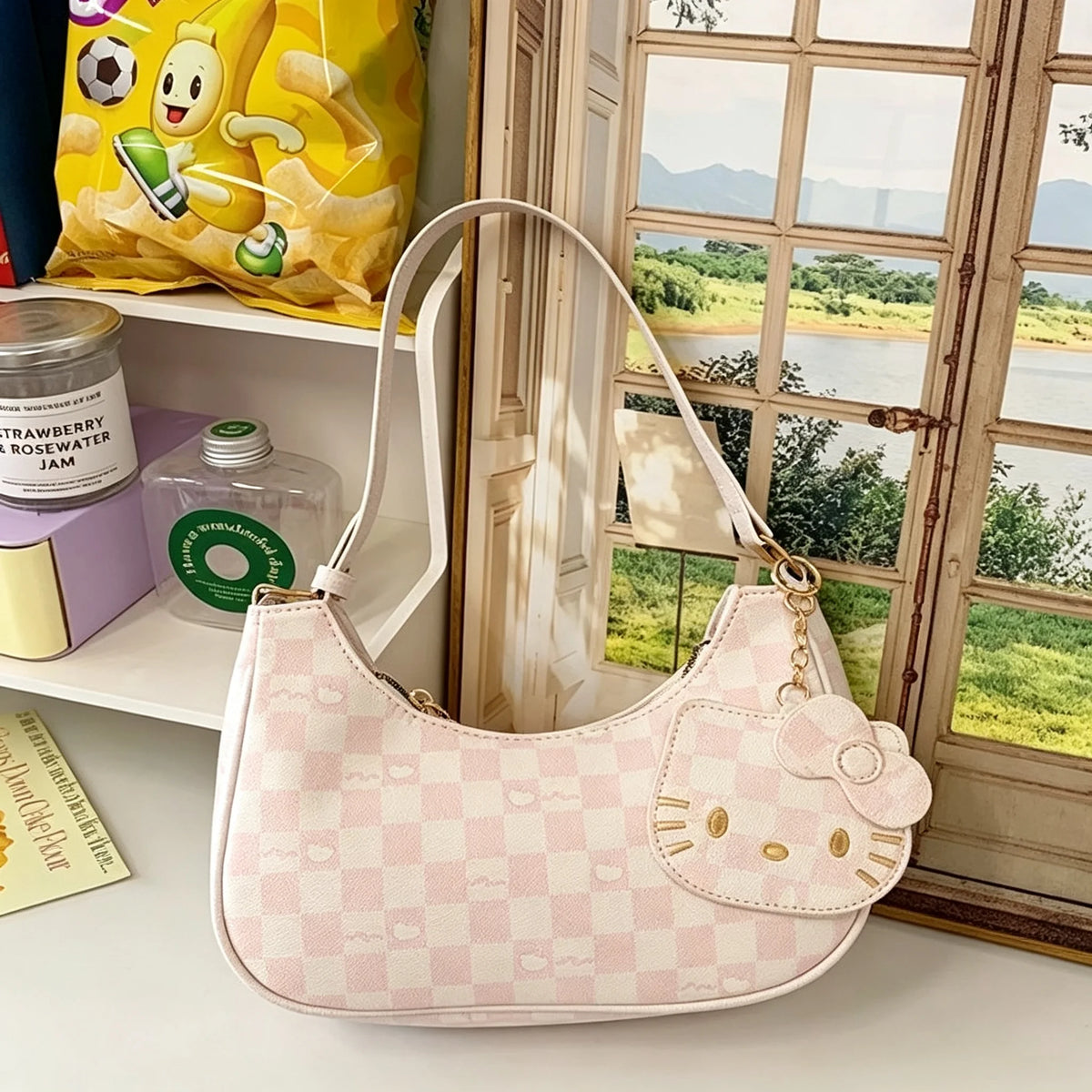 Women Y2K Cute Underarm Shoulder Bag Checkerboard Pattern PU Leather Hobo Bag With Cartoon Pendant Sweet Girls Fashion Daily Handbag Purse