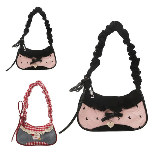 Fashion Grid Women Bag Lace Ribbon Stretchable Shoulder Strap Single Shoulder Underarm Bag Daily Commuting Student Handbag