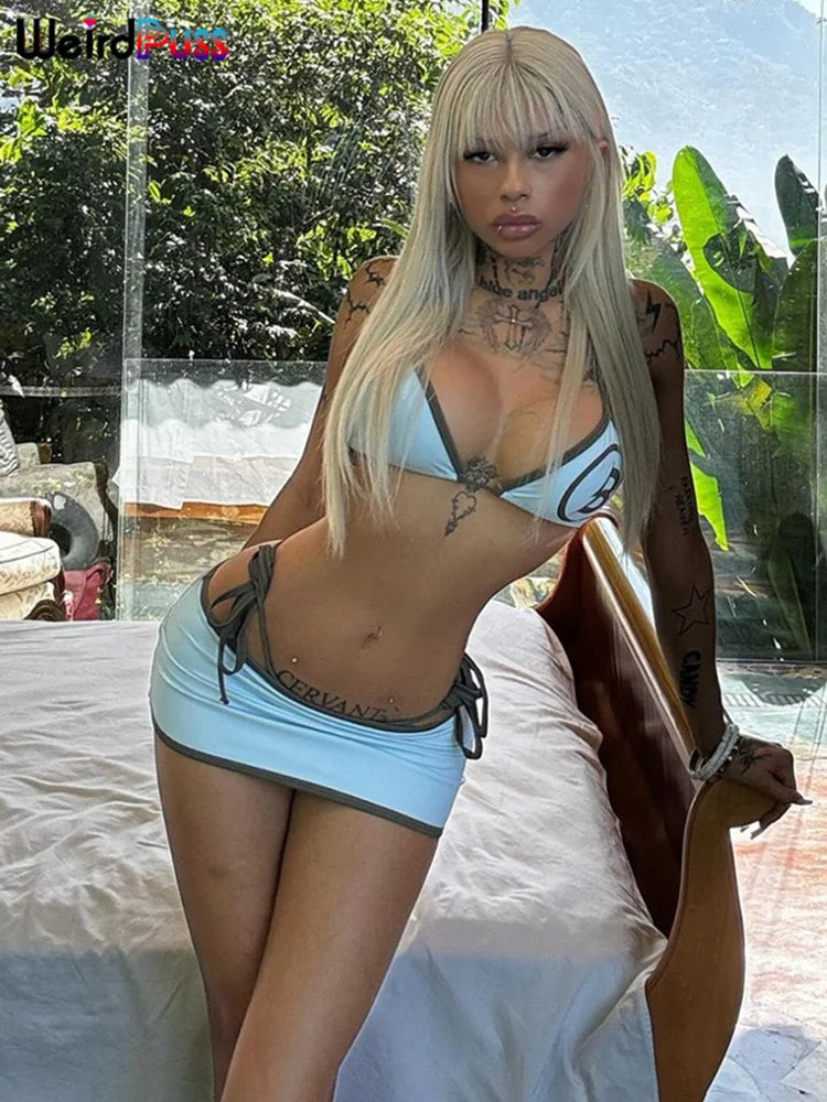 Weird Puss Beach Vacation 3Piece Set Women Letter Print Sexy Summer Bra+Bandage Briefs+Skirts Hipster Midnight Matching Clubwear