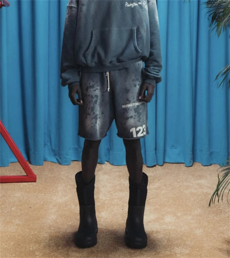 RRR123 2024 New Sports Shorts Heavyweight Washed Graffiti Print Vintage Drawstring Capris Casual High Street Loose Curled Y2K