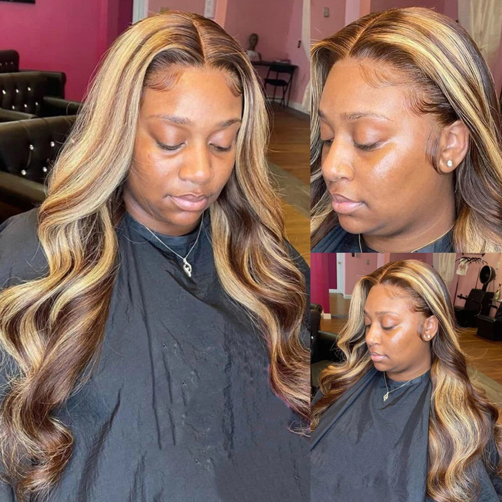 13x6 Highlight Lace Frontal Wig Human Hair Body Wave Ombre Colored Honey Blonde Lace Front Human Hair Wigs For Women Pre Plucked
