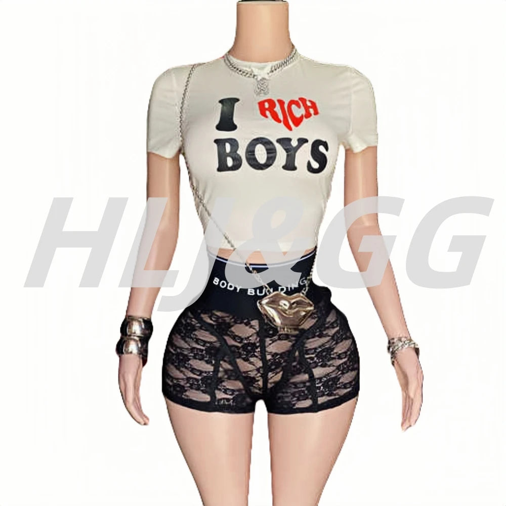 HLJ&GG Trendy Summer New Letter Printing Lace See Though Shorts Two Piece Sets Women Round Neck Slim Crop Top And Shorts Outfits