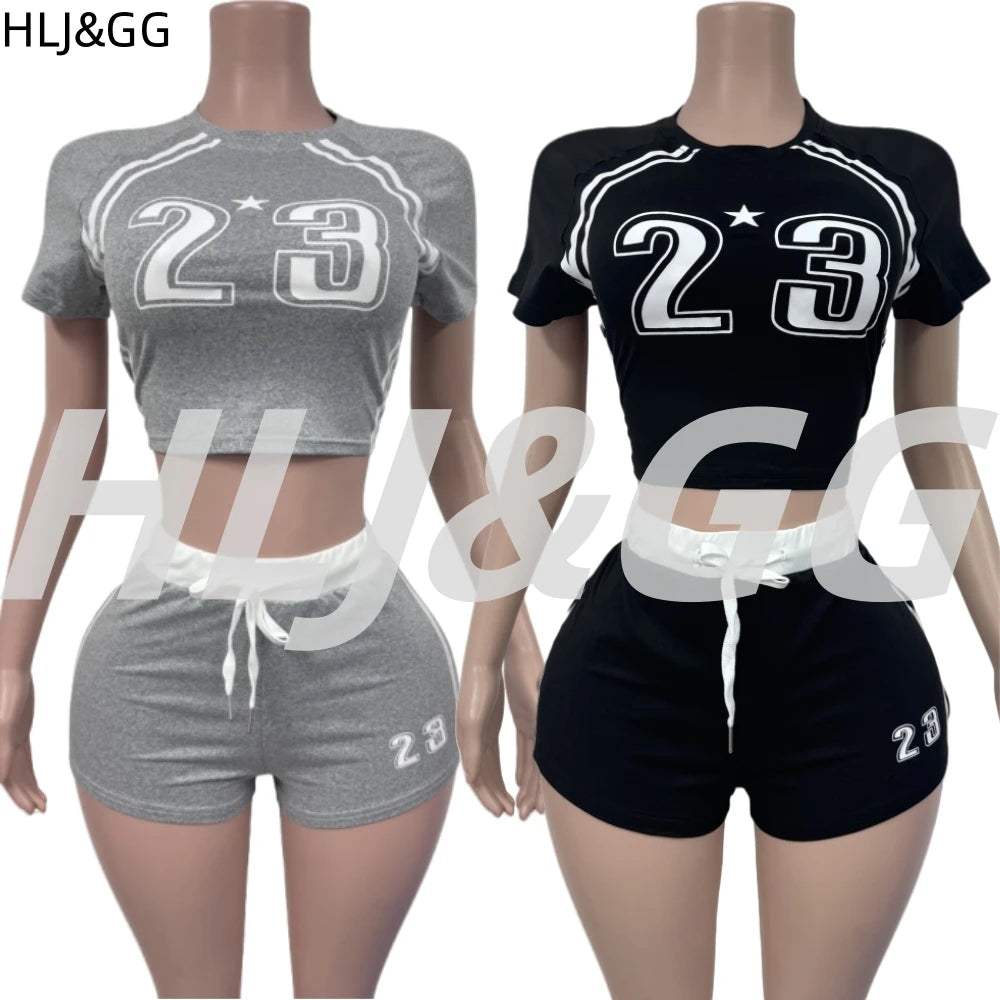 HLJ&GG Summer New Letter Print Drawstring Shorts Two Piece Sets Women Round Neck Short Sleeve Slim Crop Top And Shorts Outfits