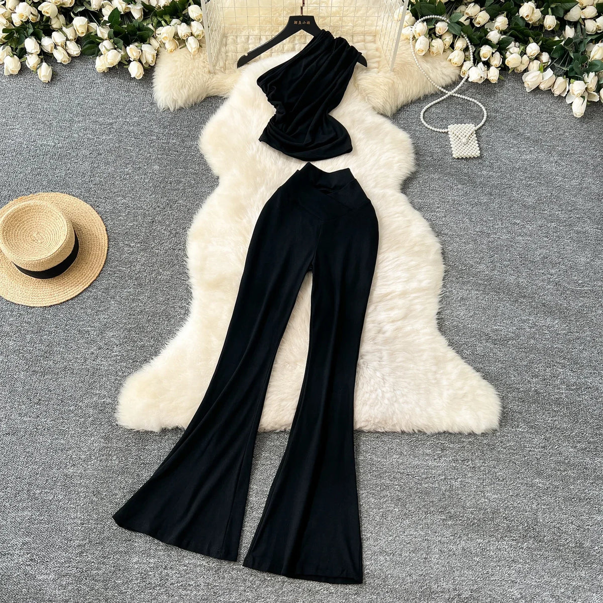 Chic Women Two-Piece Sets Vintage Diagonal Collar Sleeveless Pleated Top and High Waist Flare Pants Korean High Street Clothing
