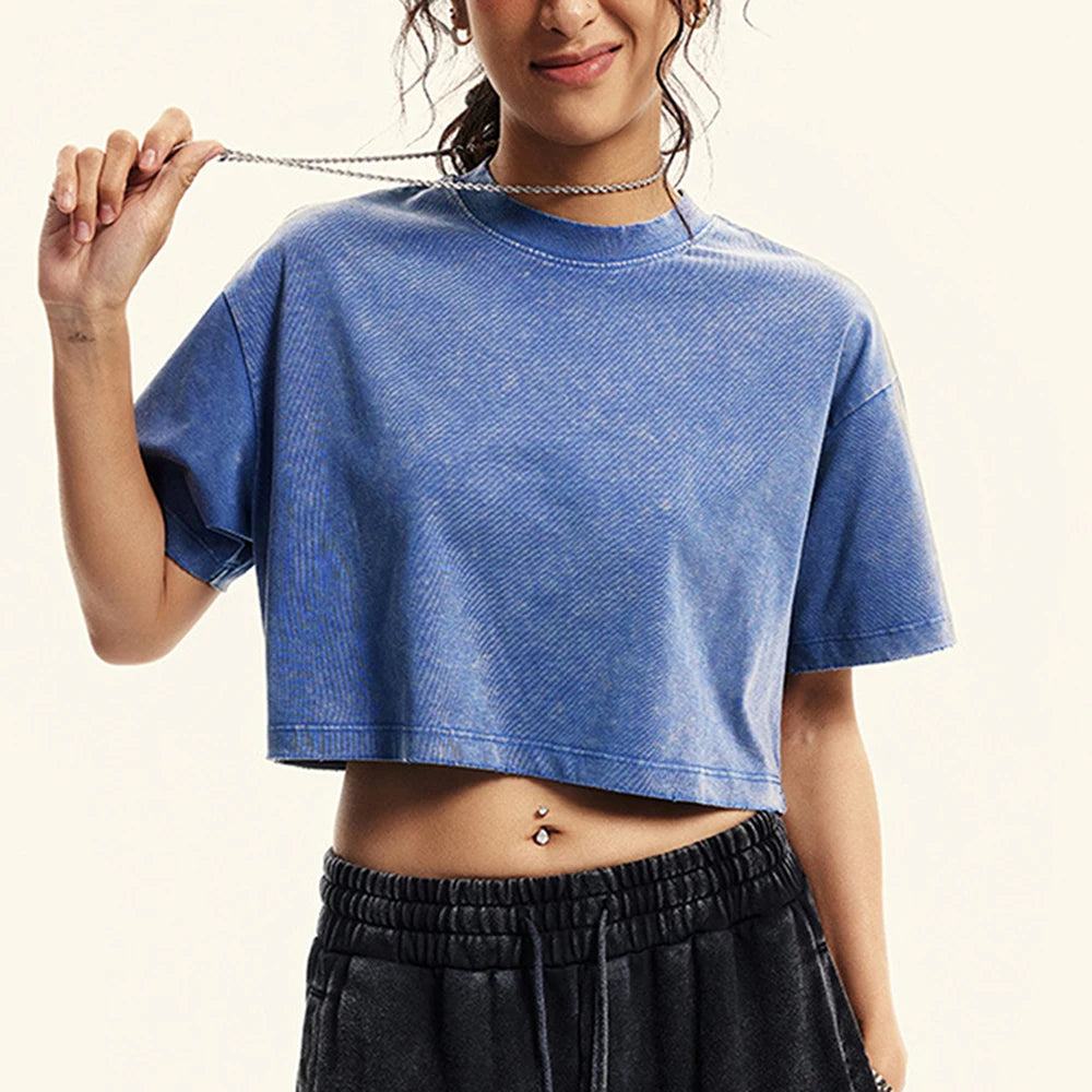 Slim Retro T-Shirt Solid Color Women Fashion Cotton Tee Tops Casual Sport Short Sleeve Cool Washed Streetwear For Female