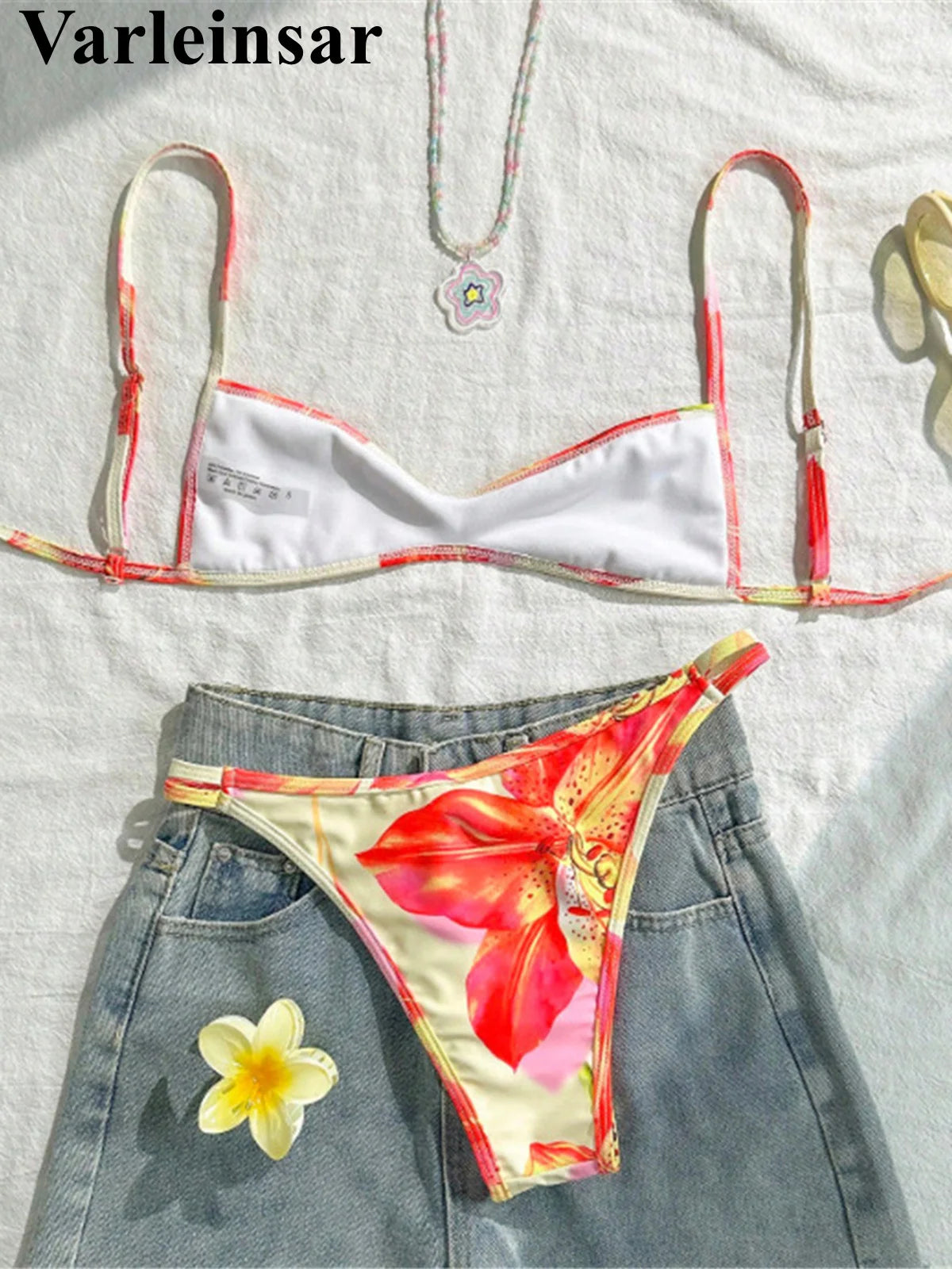 S - XL Flower Printed Bikini Female Swimsuit Women Swimwear Two-pieces Bikini set High Leg Cut Bather Bathing Suit Swim V7800