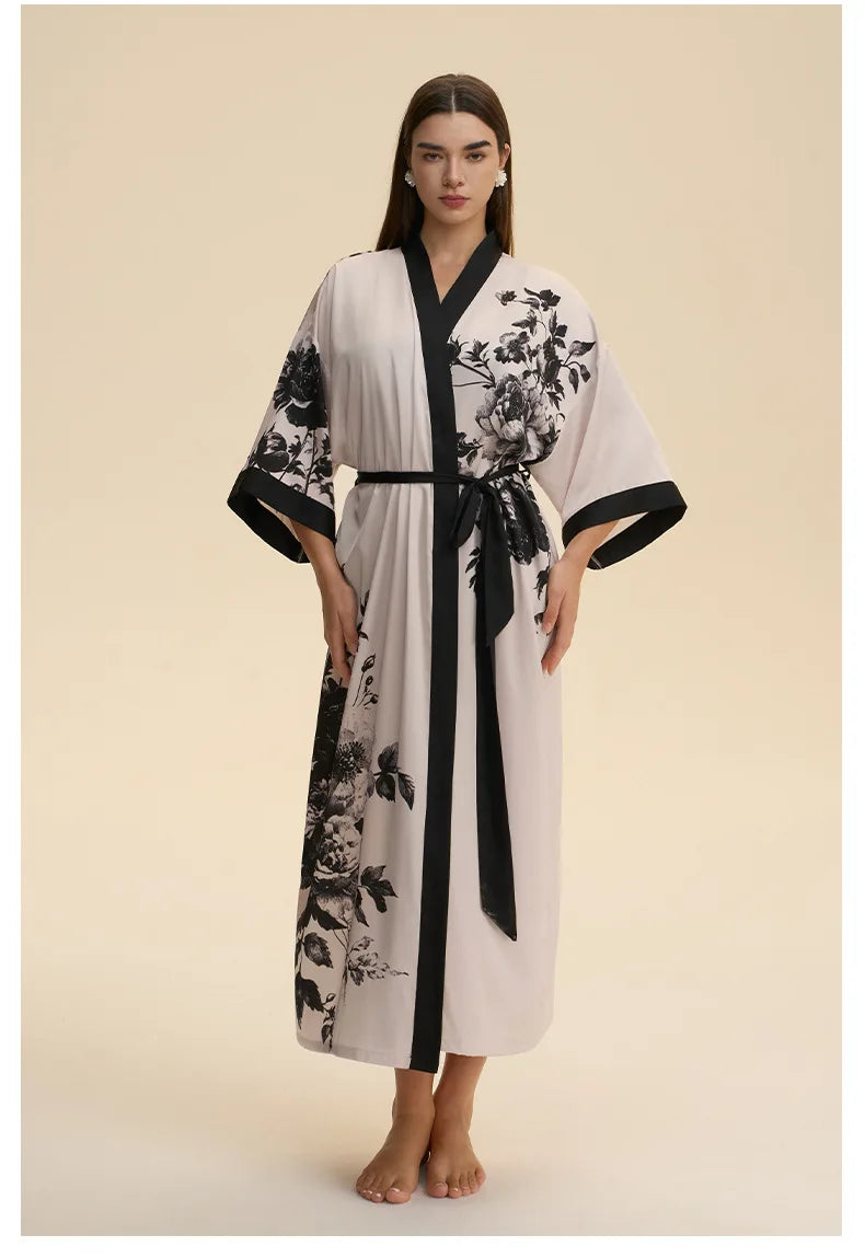 Plus Size Print Flower Long Robe Kimono Gown New Female Sleepwear Bathrobe Home Dress Loose Silky Satin Night Clothes Loungewear