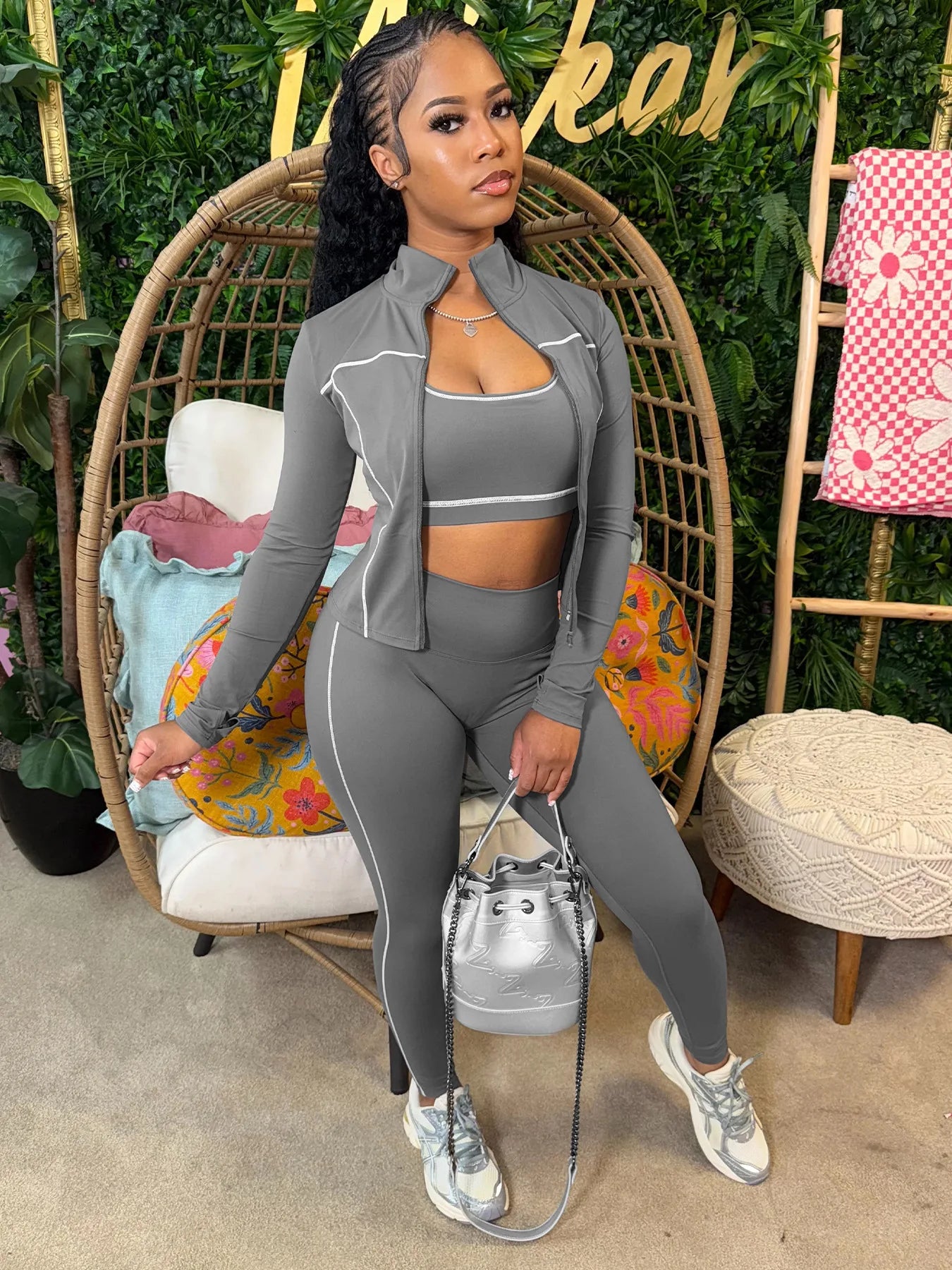 Weird Puss Casual 3 Piece Set Women Tracksuit Elastic Vest+Zip Jacket+Leggings Matching Street Sporty Fitness Street Shapewear