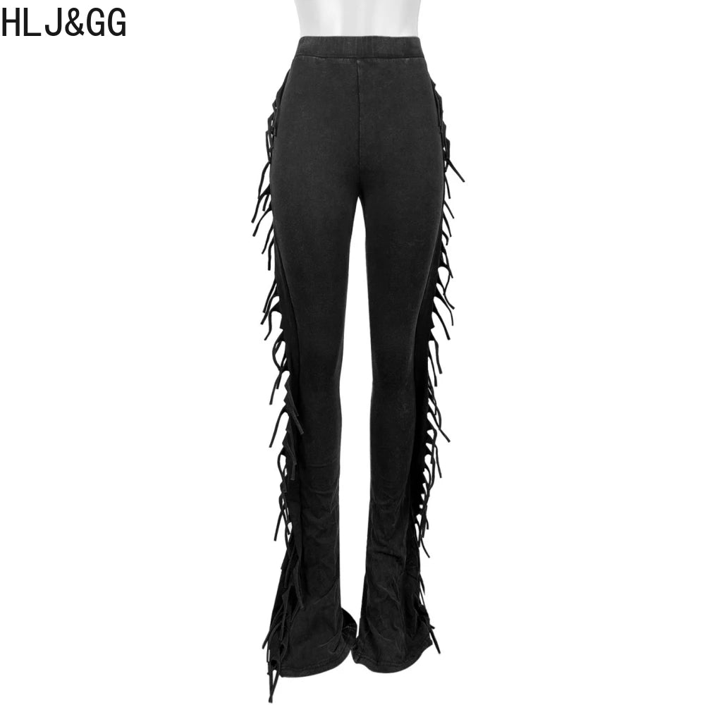HLJ&GG Y2K American Vintage Letter Print Two Piece Sets Women V Neck Short Sleeve Slim Crop Top And Tassels Skinny Pants Outfits