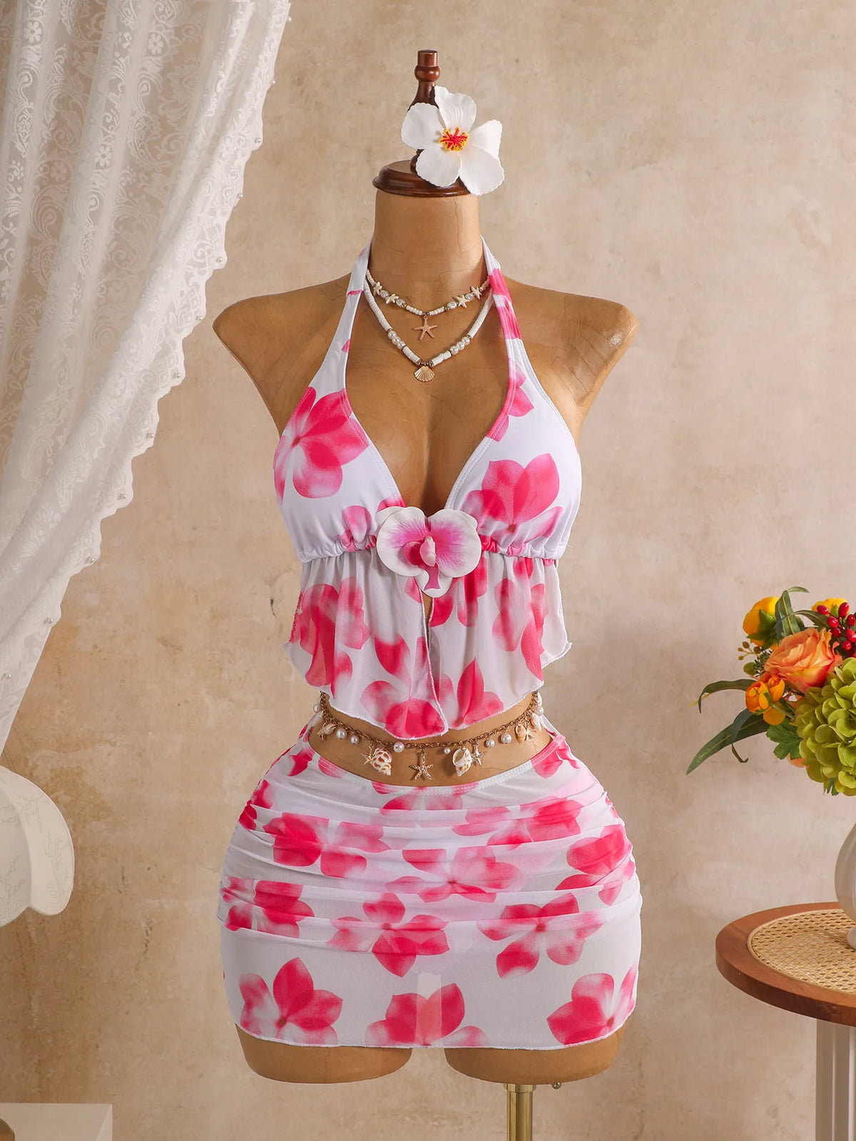 DEKA Orange Floral Print Bikini Set 2026 Women 3D Flower Push Up Top Pleate Skirt 3 Piece Swimsuit Beach Bathing Suit Swimwear