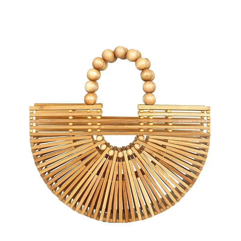 Women's Hand - Woven Bamboo Bag | Bamboo Woven Basket Style, Beach Vacation Essential, Handheld Bucket Design