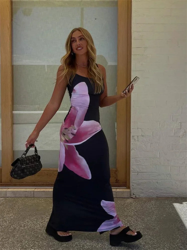 Elegant Printed Backless Long Dress Summer Women's Fashion Contrast Color Party Dress Patchwork Suspender Long Dress 2024 New