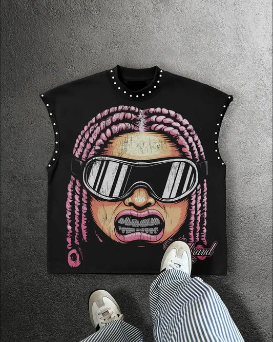 Casual and fashionable Gothic printed pure cotton vest Y2K summer classic loose Harajuku hip-hop oversized sleeveless top