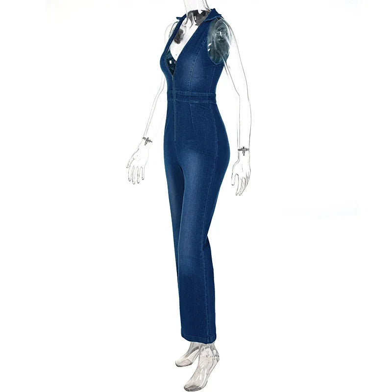 Weird Puss Cotton Elegant Denim Jumpsuit Women Sleeveless Zipper Fashion Hipster Casual High Street Wide Legs Activewear Outfits