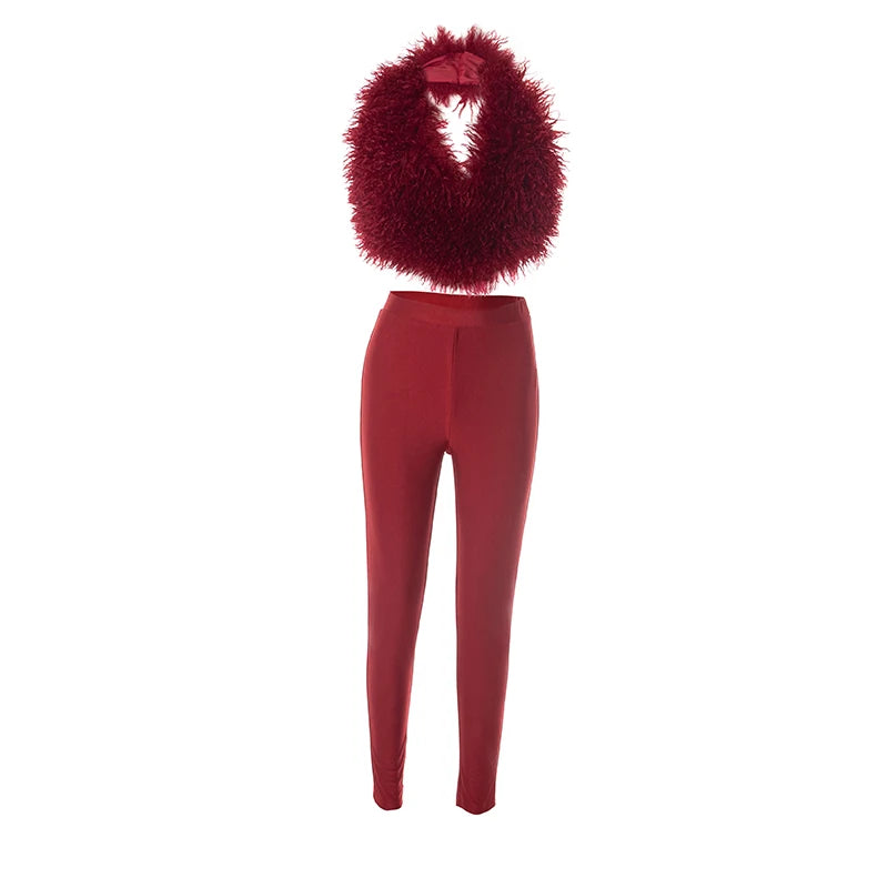 Weird Puss Sexy Fashion 2 Piece Set Women Plush Patchwork Halter Backless Camisole+Solid Skinny Pants Hottie Hipster Clubwear