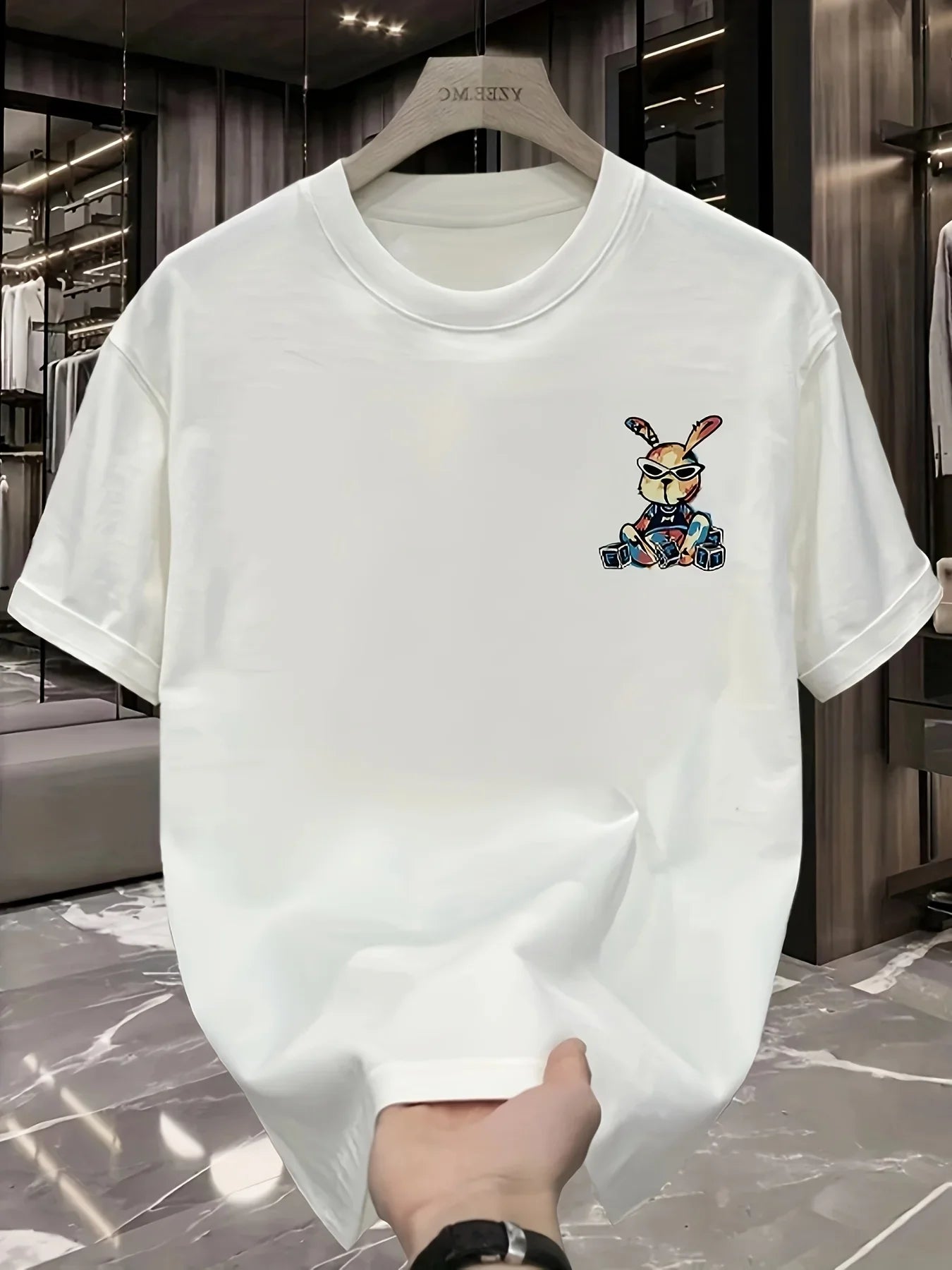 Men's summer 100% pure cotton fashionable casual loose black rabbit cartoon pattern printed round neck short sleeved T-shirt top