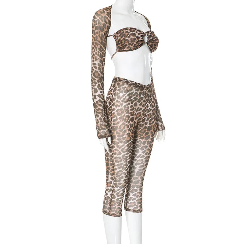 Weird Puss Sexy 3 Piece Set Women Leopard Print Mesh Full Sleeve Shawl+Bandage Metal Buckle Bra+Pants Street Trend Matching Suit