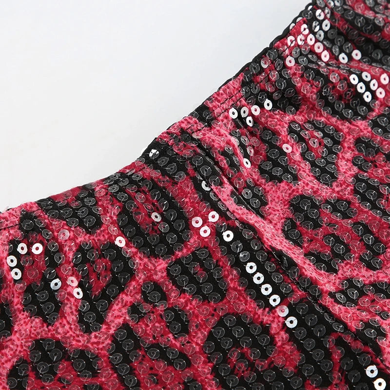 STYLISH LADY Shiny Sequined Pink Leopard Printed Shorts 2025 Summer Women High Waist Luxury Spicy Girl Sexy Clubwear Short Pants