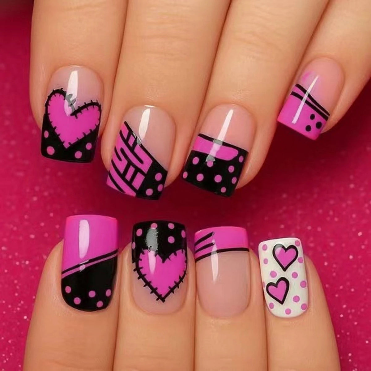 Y2K Girls Black French Fake Nails 24Pcs Short Square Press On Nails Pink Love Heart/Dot Printed Valentine's Day Charm Manicure