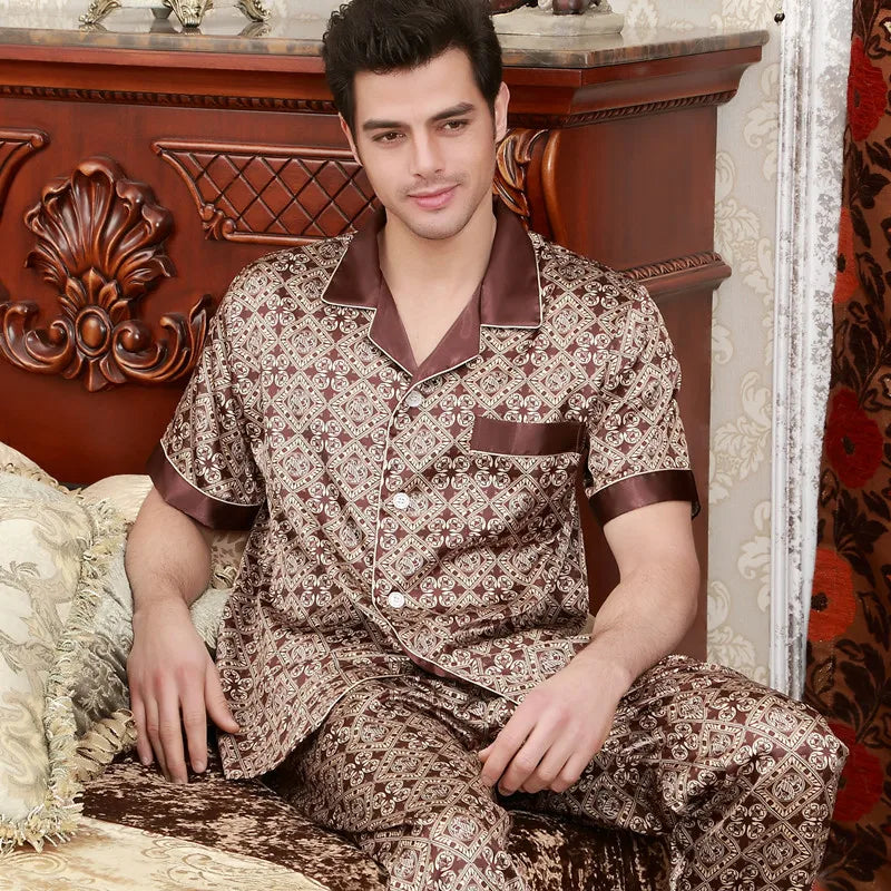 Silk Satin Pajamas for Men Sleepwear Cozy Soft Print Long Sleeve Nightgown Tops + Trousers Two Pieces Mens Pajama Set