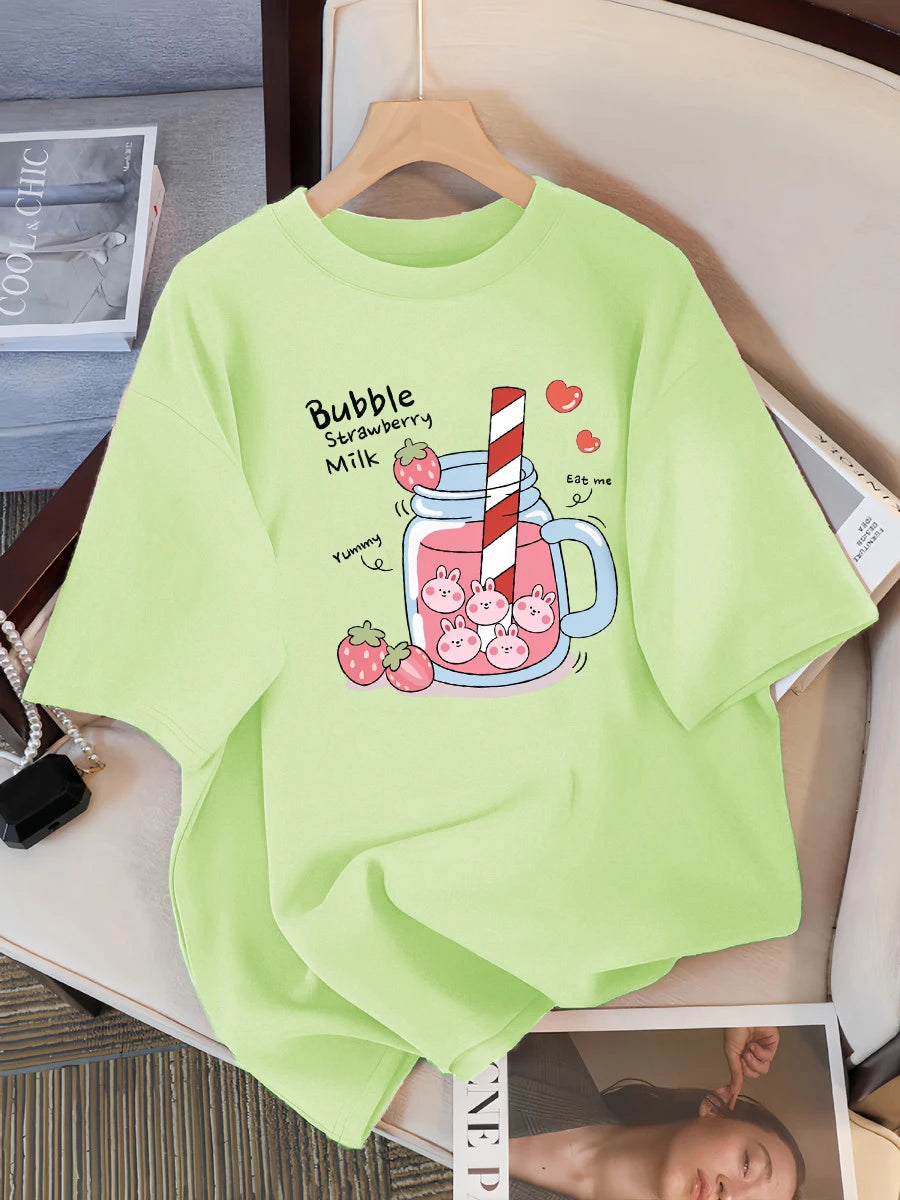 Delicious Strawberry Beverage Print Women T Shirt Summer Breathable Tee Cotton Street Clothing Casual Sport Cool Short Sleeve