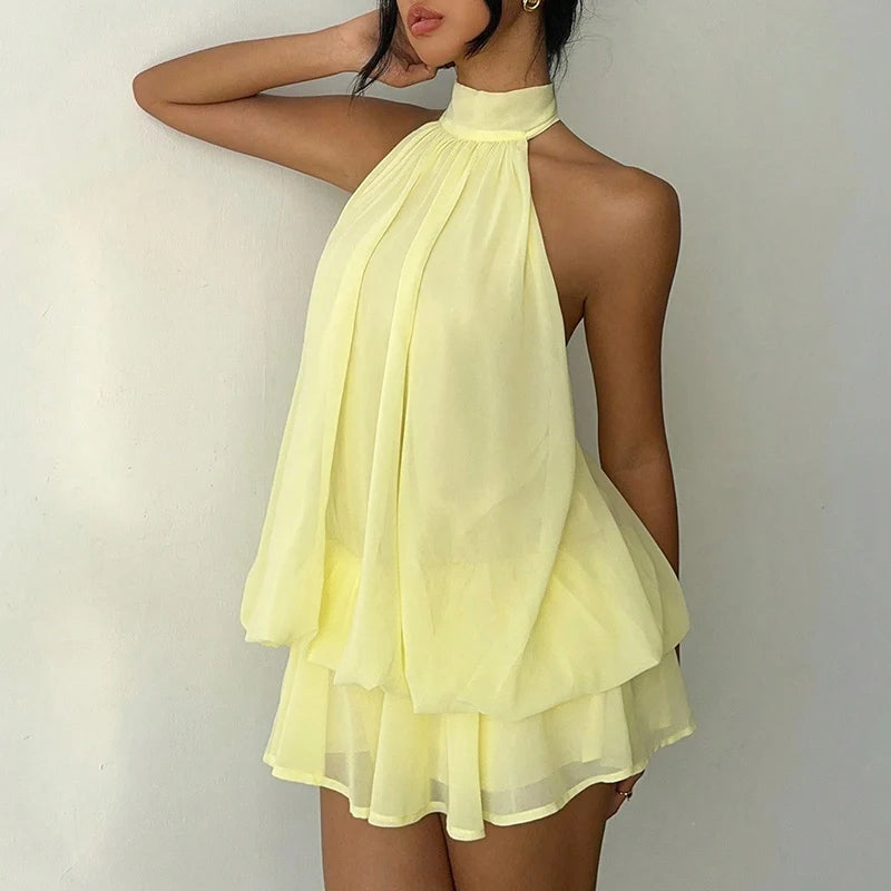 French Style Solid Color Women's Halter Neck Sleeveless Off Shoulder Backless A Line Mini Spicy Girl Beach Vacation Dresses