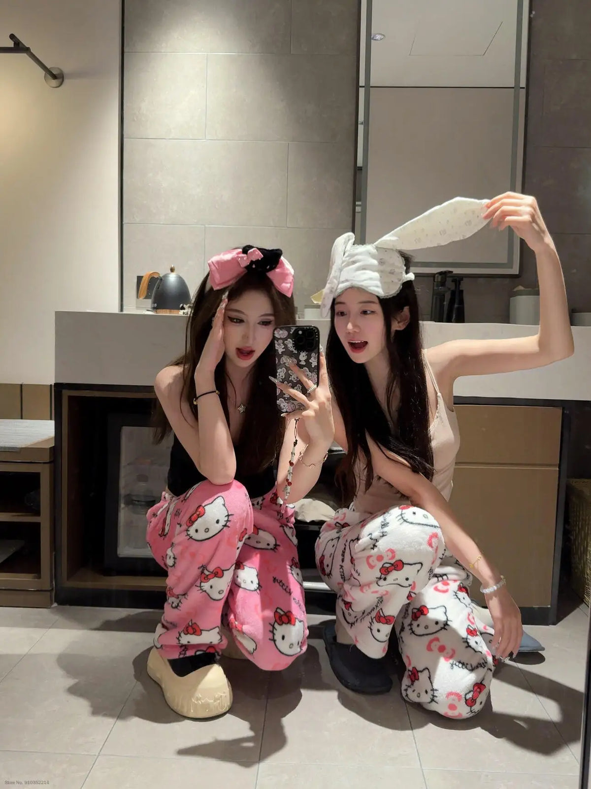 Sanrio Hello Kitty Soft Flannel Wide Leg Pajama Pants Printed Casual Home Loungewear For Women Daily Sleeping Relaxing Wear