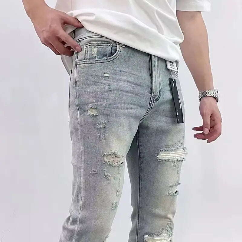 2025 Spring New Ripped Hole Denim Man's Pants Washing Light Blue Hip Hop Slim Fit  Men's Trousers High Street Blue beggar Jeans