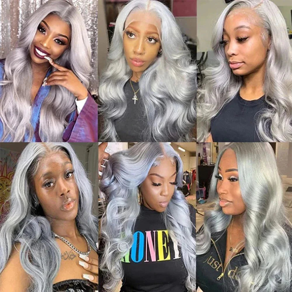 613 silver gray colored curl Wig 13x6 transparent Lace Front Body wave Wig 100% Brazilian Human Hair length lace Wig of Wowen