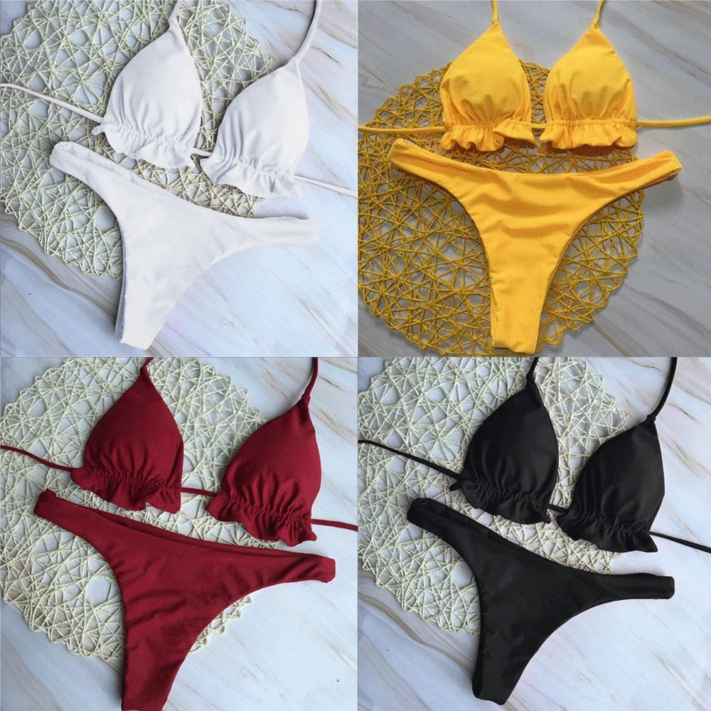 Summer Brazilian Bikini Set Women Sexy Bandage Top Thong Bottom Set Push-up Swimwear Lace Up Swimsuit Beachwear