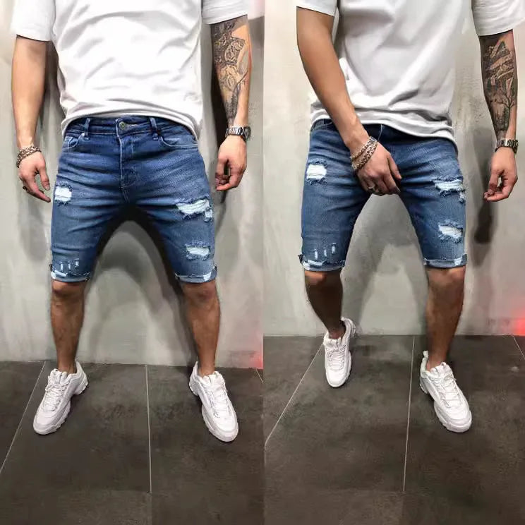 Summer Ripped Skinny Denim Shorts for Men with Distressed Ripped Cat Whiskers Hip Hop Streetwear Short Pants Men's Pants