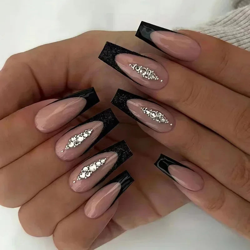 24Pcs Shimmery Long Coffin False Nails with Glue Ballerina Nail Design Sweet Fashion French Press on Acrylic Nails Tips