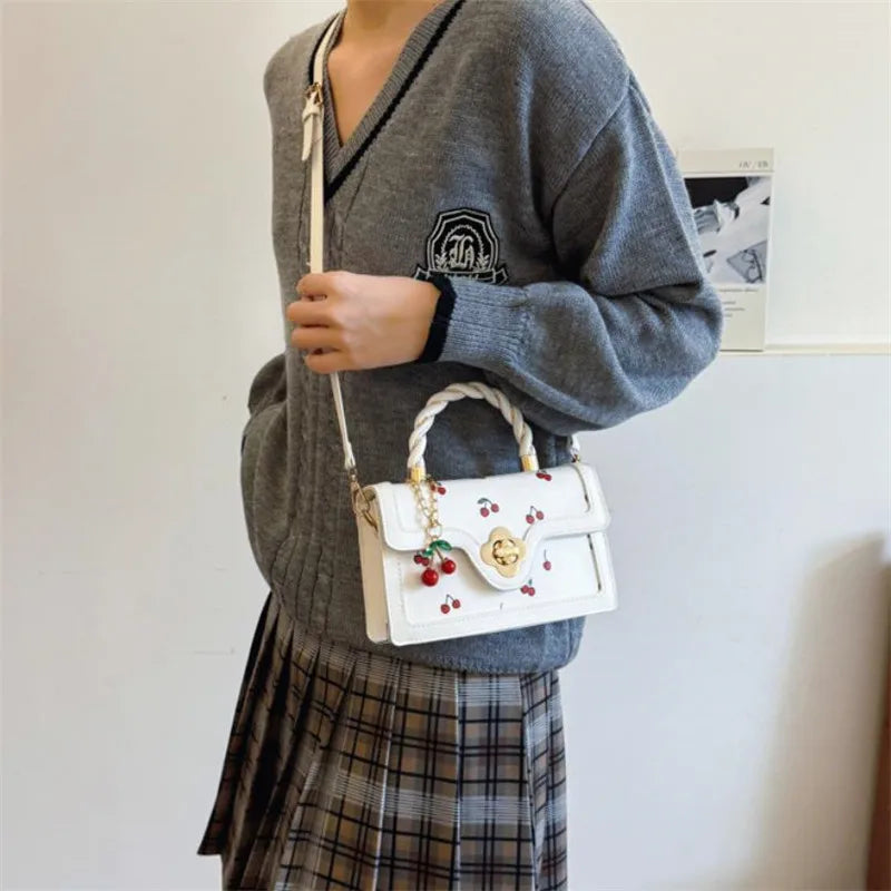 Cute Cherry Printed Handbag Shoulder Bag, Woven Handle Square Tote Bag, Fresh Design Women's Crossbody Bag, Stylish Women Bag