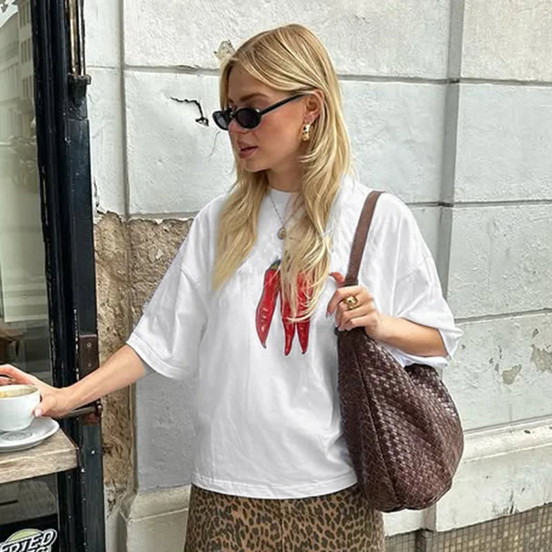 STYLISH LADY Chili Printed T Shirts 2025 Summer Women Short Sleeve O Neck Casual Loose White Streetwear Tops Tees