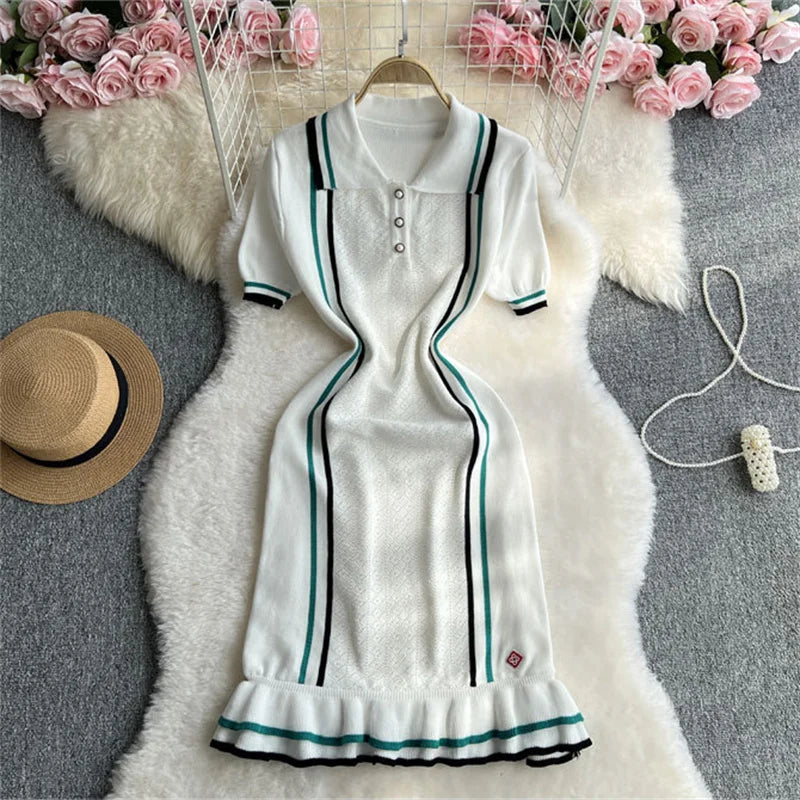 Weird Puss Contrast Stripe Dress Women Knitted Polo-Neck Short Sleeve Ruffles Stretch Hem  Casual Trend Streetwear Mini Bodycon