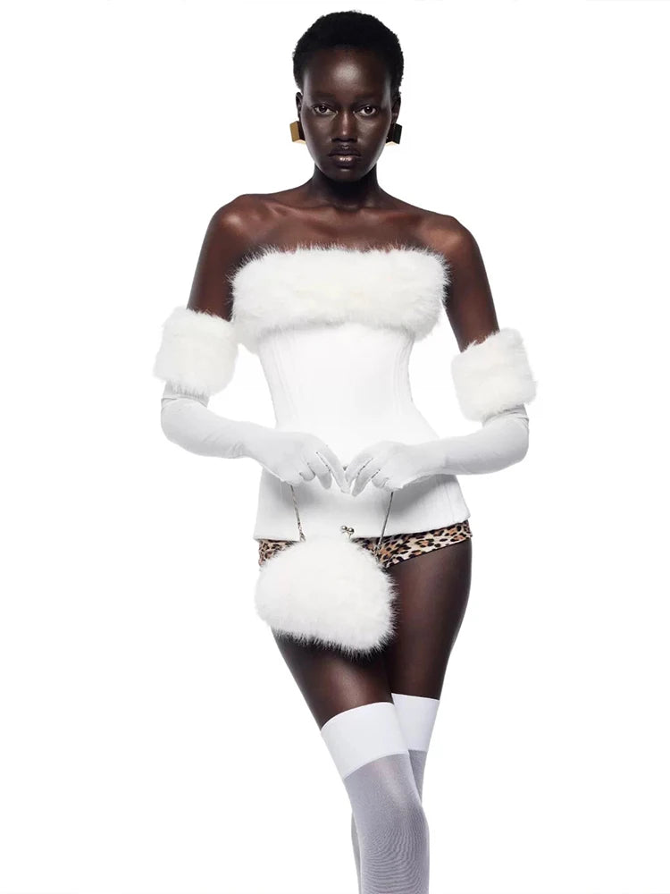 Weird Puss Christmas Furry Strapless Tops Women Patchwork Sexy Long Gloves Matching Birthday Luxury Classic Midnight Clubwear