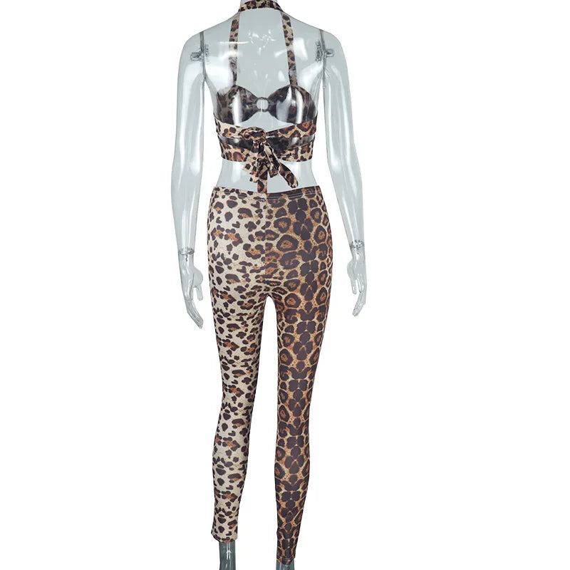 HLJ&GG Sexy Hollow Out Leopard Printing Two Piece Sets Women Halter Bandage Crop Top And Skinny Pants Outfits Fashion Streetwear