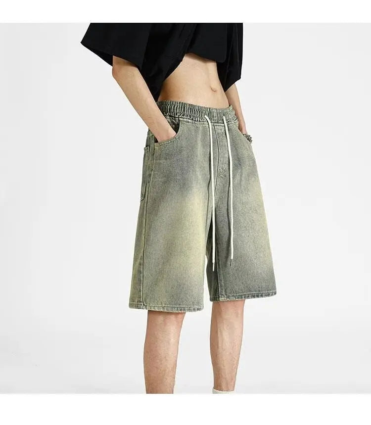 denim shorts, men's 2025 summer thin style retro loose American fashion brand casual five inch mid length pants