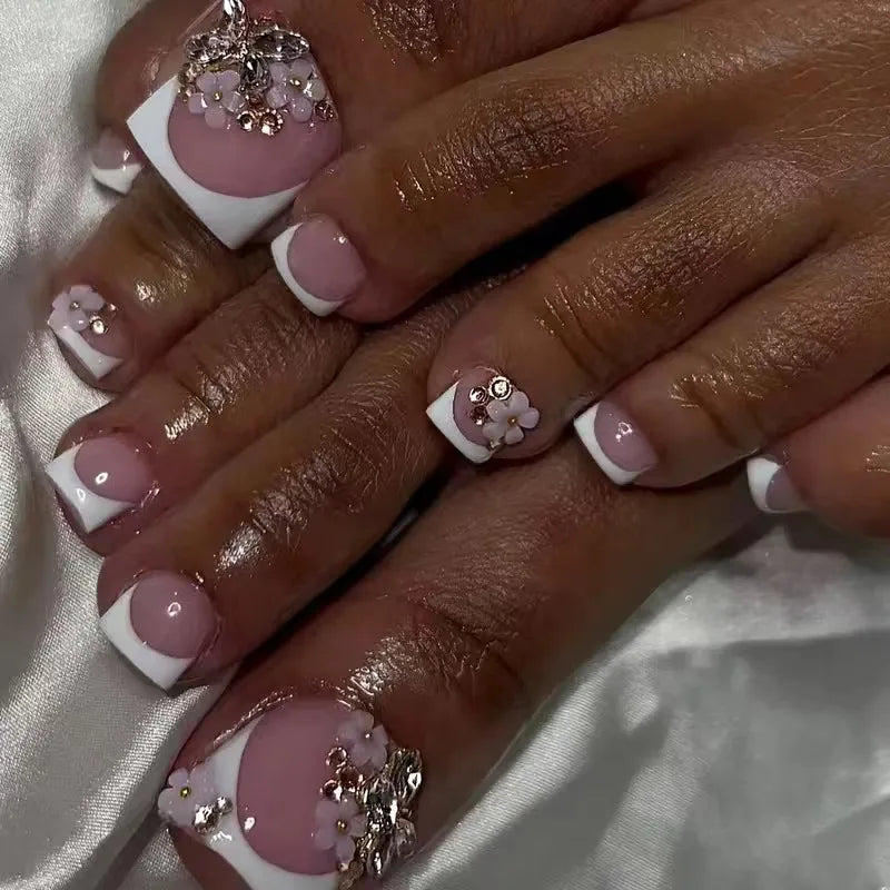 24pcs Sweet French False Nails Shiny 3d Dimaond Flowers Design Fake Nails Wearable Detachabe Summer Press on Nails for Girls