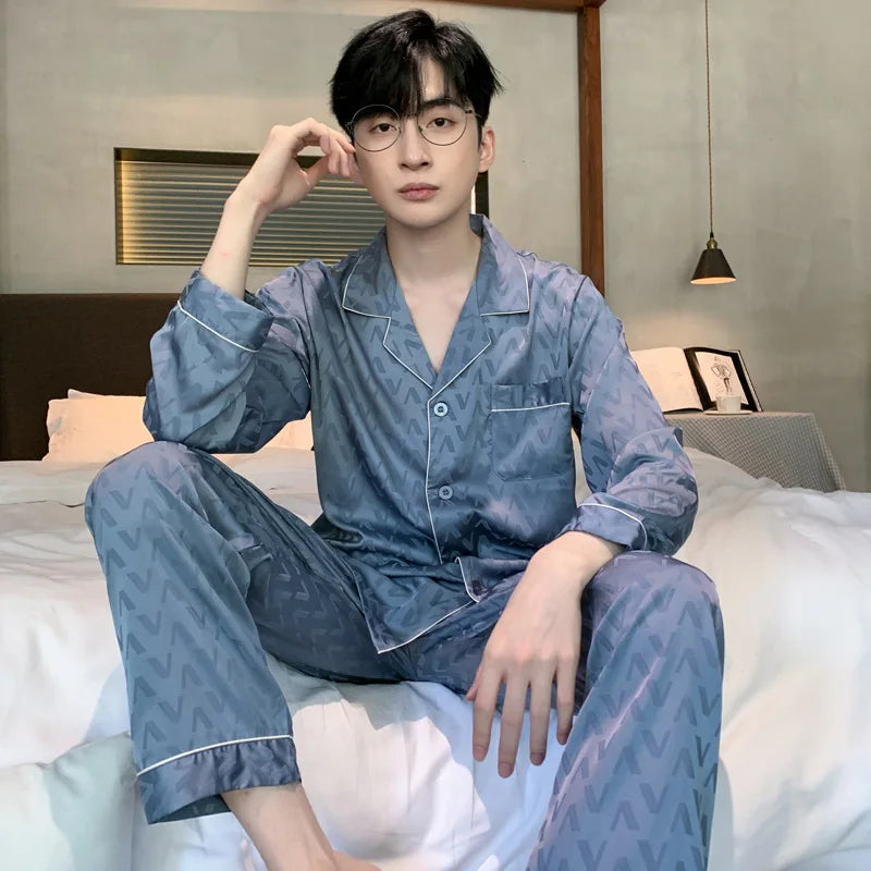 High Quality Jacquard Pajamas Suit Men Summer Ice Silk Shorts Sleepwear Set Thin Satin Large-size Loungewear Male Night Clothing